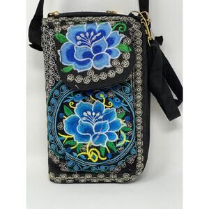 Blue & Black Rose Embroidery Tapestry Zip Around Crossbody Wallet~Made in Mexico